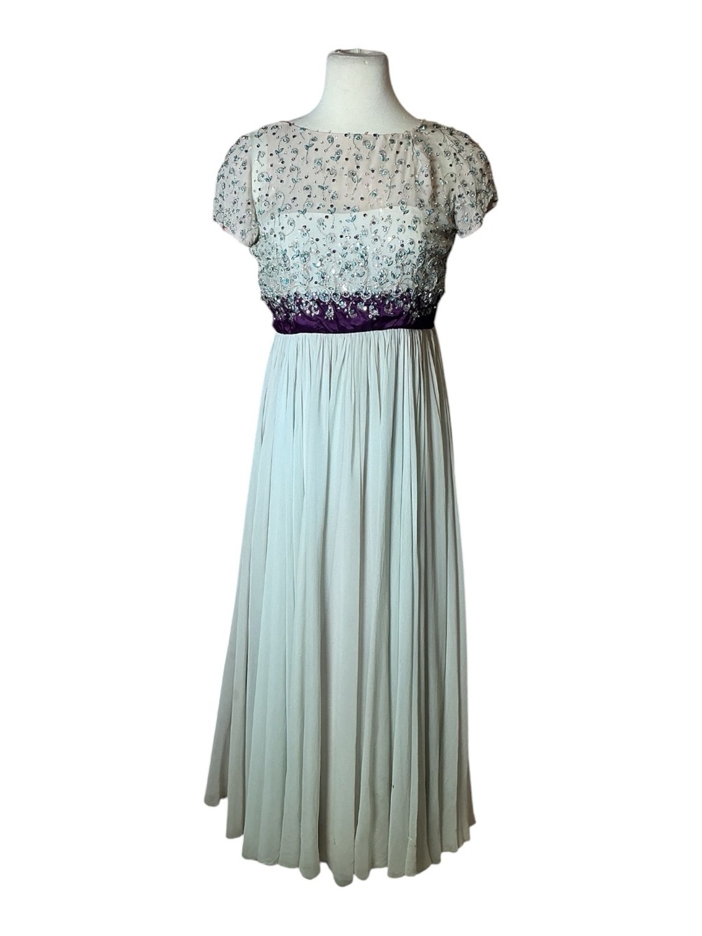 Vintage 1960s Saks Fifth Ave Rhinestone Silk Chiffon Beaded Formal Dress M